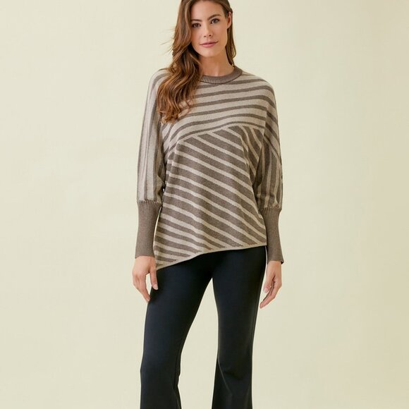 MYSTREE Taupe & Cream Diagonal Stripe Dolman Sleeve Sweater Asymmetrical Hem - Picture 6 of 7